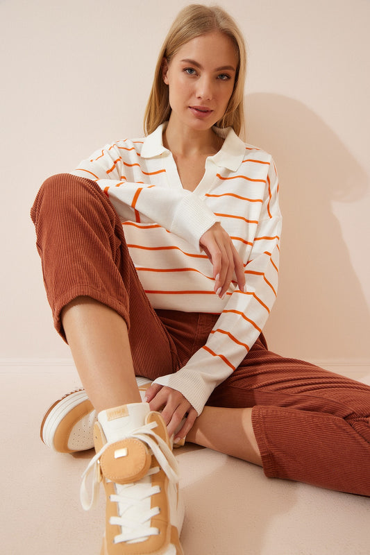 Happiness İstanbul Women's Orange Ecru Striped Polo Collar Seasonal Knitwear Sweater Women