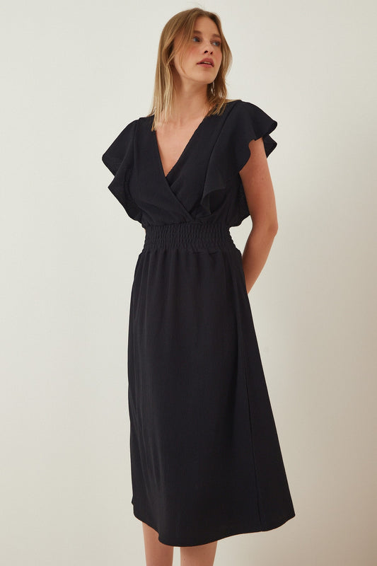 Happiness İstanbul Women's Black Flounce Textured Knitted Dress Women
