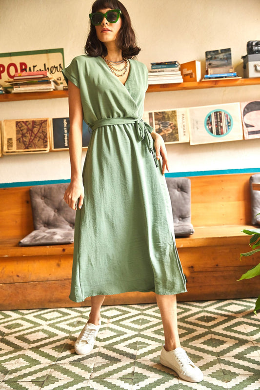 Olalook Women's Green Double Breasted Belted Slit Woven Dress Light Green Women