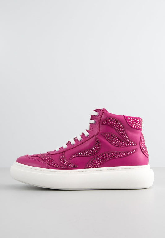 LEATHER HIGH TOP SNEAKERS LACE UP WITH STRASS EMBELLISHED Girls