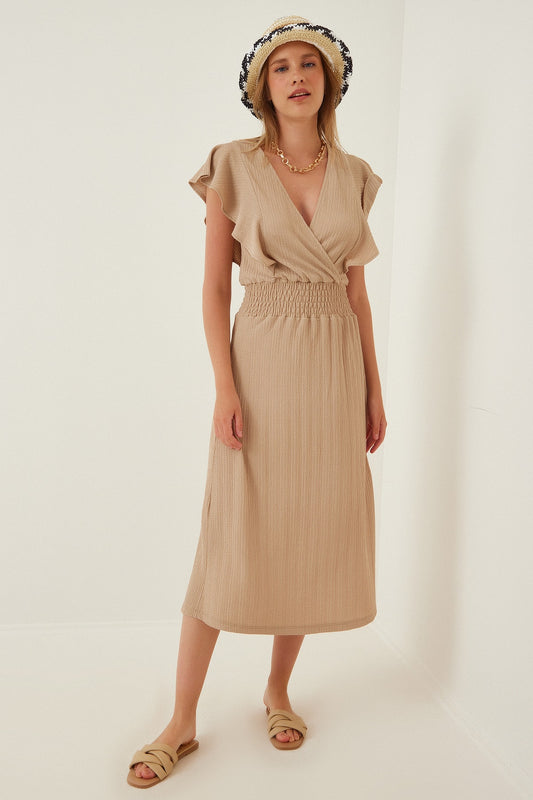 Happiness İstanbul Women's Biscuit Flounce Textured Knitted Dress Women
