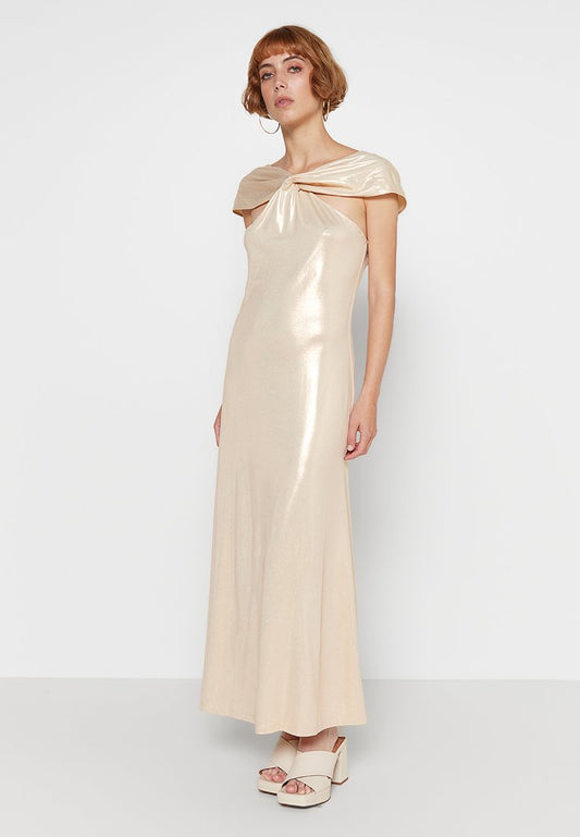 Crossover Shiny Maxi Dress-Beige Women