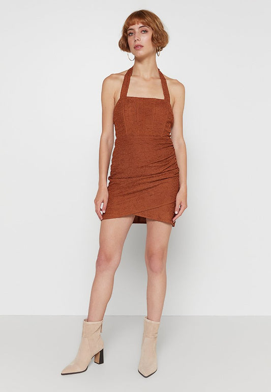 Corset Detail Structured Dress-Rust Women