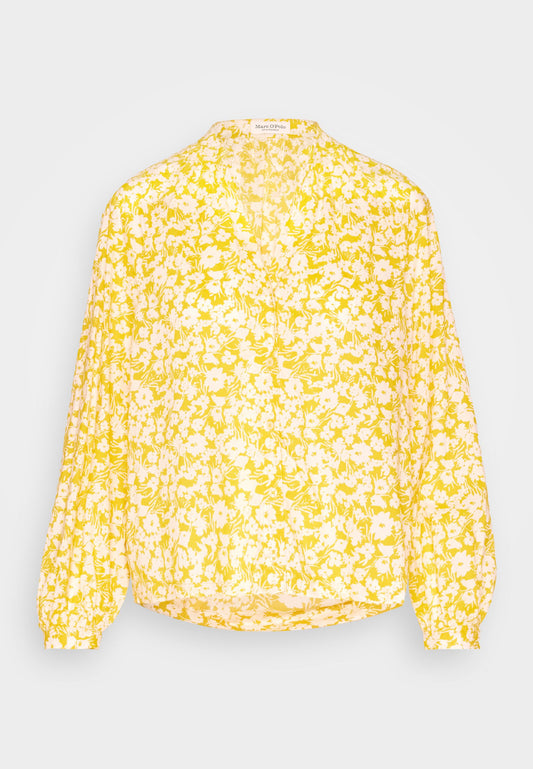 Blouse, deep V-neck, small stand-up collar, button placket, printed Women
